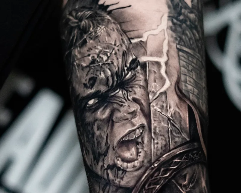 A healed forearm: a roaring figure with cracked skin, lightning and brickwork behind him