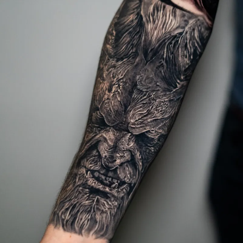 A healed forearm: a snarling long-haired beast's face, filling the arm